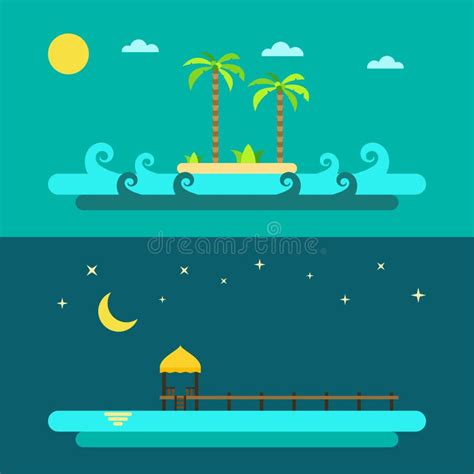 Flat Design Of Summer Paradise Beach Stock Vector Illustration Of