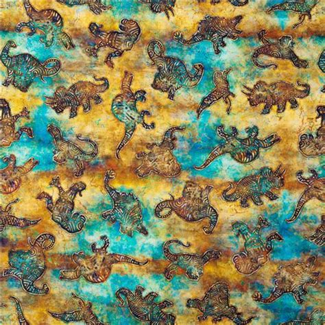 Orange Blue Batik Fabric Tossed Dinosaurs Quilting Treasures Modes U