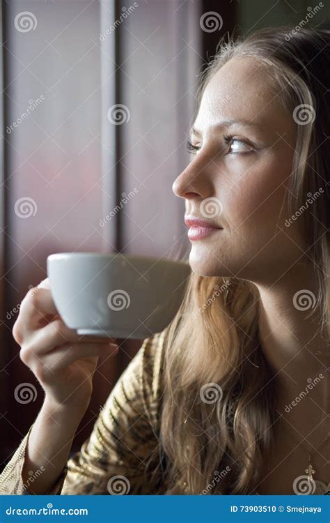Beautiful Girl Drinking Tea Or Coffee In Cafe Stock Photo Image Of