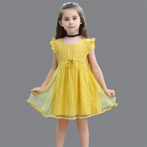 2018 New Summer Cotton Yellow Girls Dresses Mesh Princess Dresses