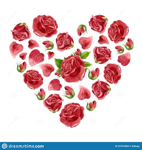 Red Roses Heart With Flowers Buds And Petals Floral Template For