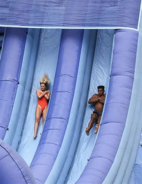 Cover Your Modesty Love Island Stars Suffer Wardrobe Malfunction Down Giant Water Slide On