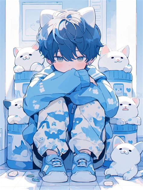 Cute Anime Chibi Boy Sitting On Stuffed Animals