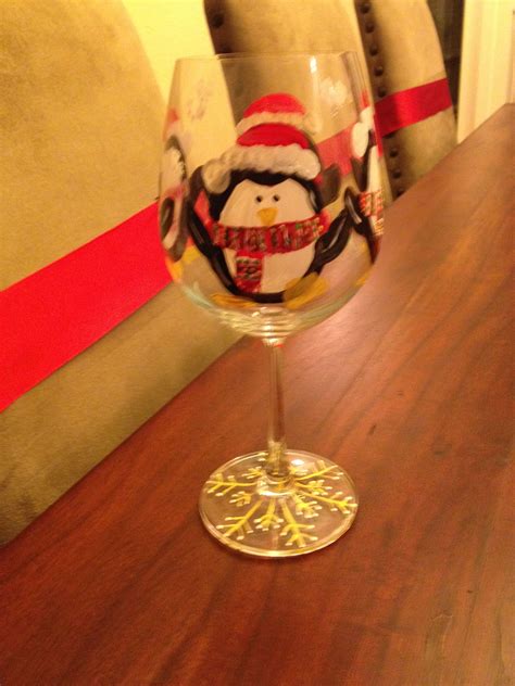 Penguin Painted Wine Glass Wine Painting Bottle Painting Painting Crafts Christmas Glasses