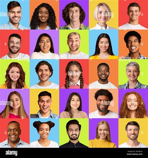 Square Collage Of Happy Multicultural People Faces On Colorful
