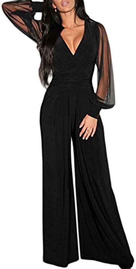 sisiyer women s embellished cuffs long mesh sleeves plunge v neck jumpsuit black x