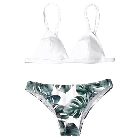 Klv Set Print Leaves Swimsuits With Low Waist White Bikini Push Up Top Swimsuit Indoor Print