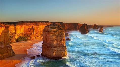 Australia Beach Limestone Rock Twelve Apostles Sea Cliff Sand Coast Waves Water