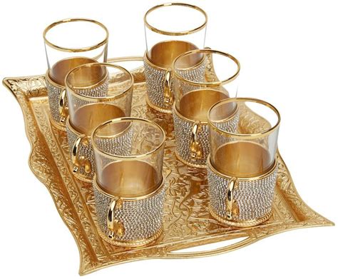 Set Of 6 Turkish Tea Glasses Set With Saucers Holders Spoons TRAY