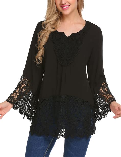 Soteer Lace Bell Sleeve Blouse V Neck Lace Crochet Top Long Sleeve Tops