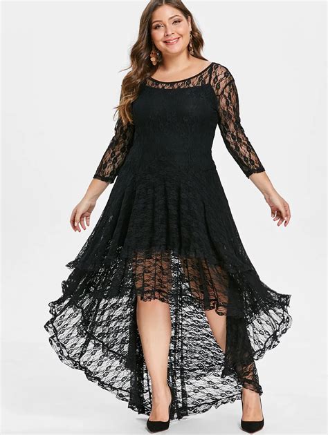 Wipalo Plus Size Asymmetric Sheer Lace Dress With Cami Dress Women Spring Fall O Neck 3 4
