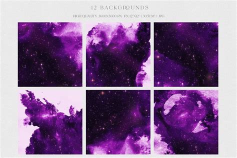 Four Different Images Of Purple Clouds In Space