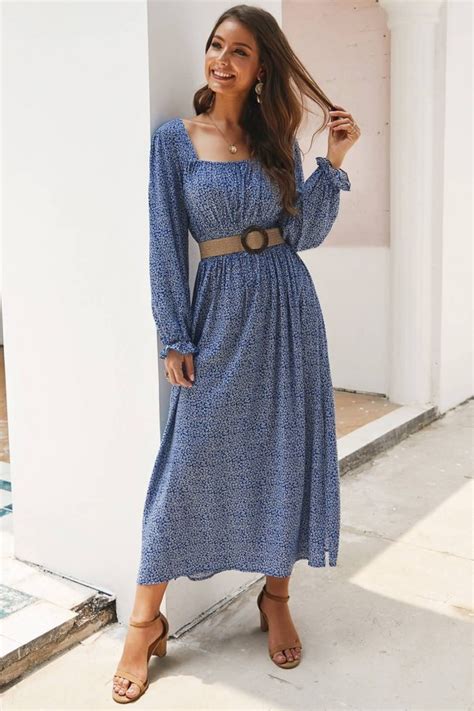 Shut up in her room she could be heard chattering away hour after hour; Blue Floral Square Neck Long Sleeve Casual Maxi Dress