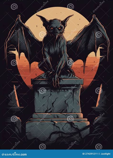 A Sinister Looking Gargoyle Perched Atop A Spooky Monument Its Eyes