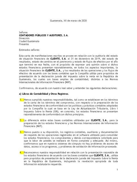 Carta De Manifestaciones Escritas Nia 580 Pdf Contabilidad