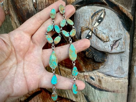 Extra Long Turquoise Earrings By Navajo Jacqueline Silver Native