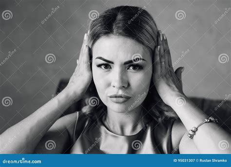 Happy Woman Covering Her Ears With Hands Stock Image Image Of Confident Excited 95031307