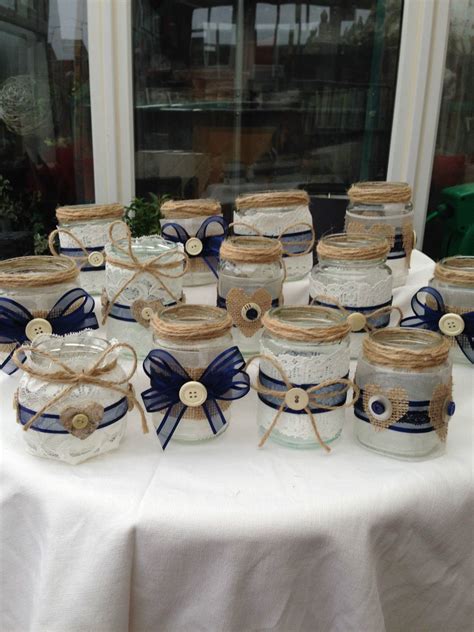 Along with the mason jar centerpieces she made, they helped complete a lovely fall theme for the wedding. Shabby chic/vintage wedding decorated glass jar tea light ...