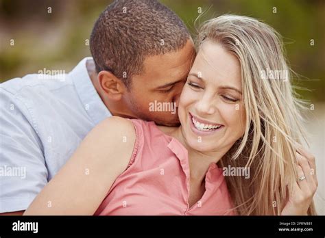 Happy Interracial Couple Love And Smile For Relationship Together In Nature Happiness And