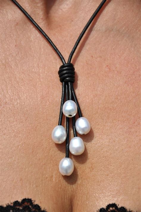 Pearl And Leather Lariat Freshwater Pearl Necklace Leather Etsy Pearl