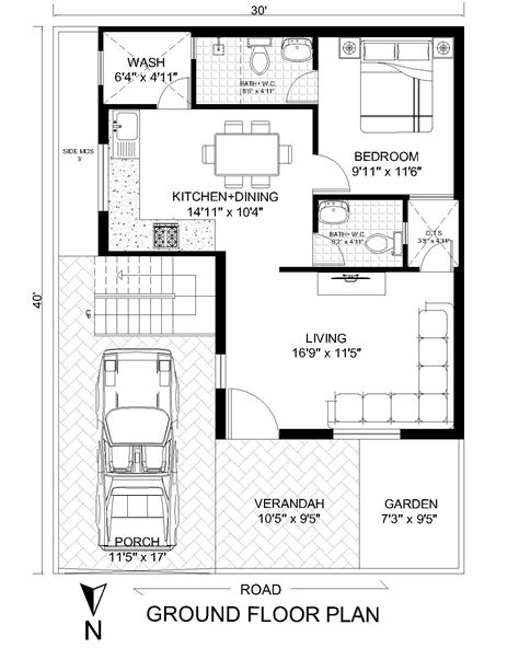 30 X 40 North Facing House Floor Plan Architego