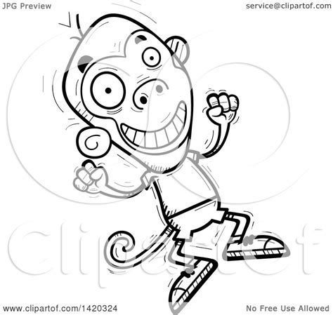 Clipart Of A Cartoon Black And White Lineart Doodled Monkey Jumping For