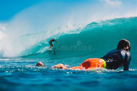 July 7 2018 Bali Indonesia Surfer Ride On Big Barrel Wave At Padang