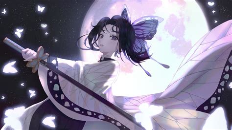 Demon Slayer Butterfly Girl Shinobu Kochou With Sword With Backgound Of Bright Moon Dark Sky And