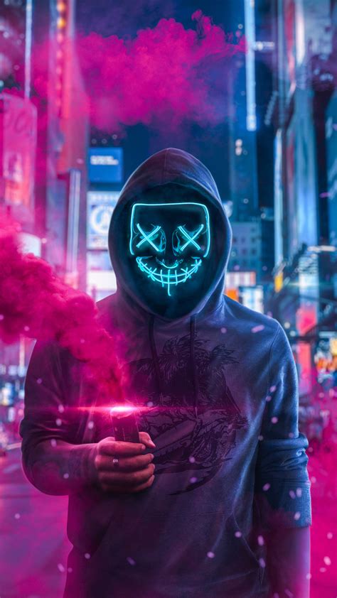 Anônimo Neon Máscara Capuz Fumaça Papel De Parede Para Celular