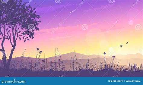 Mountains And Amazing Lilac Sunset Stock Vector Illustration Of Card