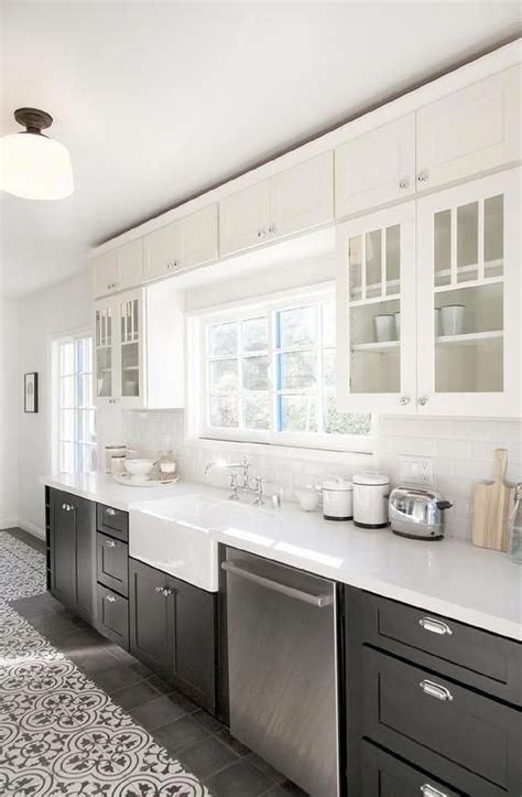 Vintage Modern Kitchen Design Featuring White Upper Cabinets Black