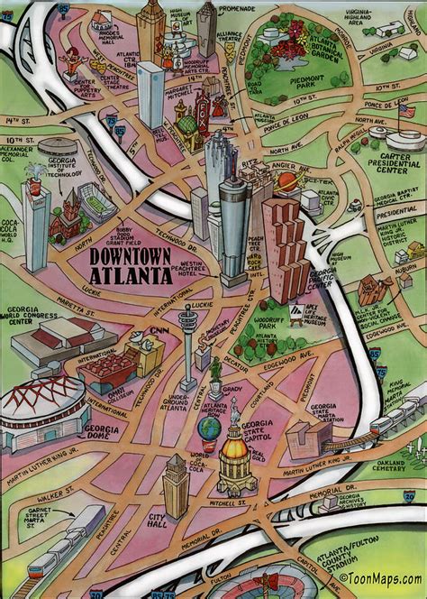 Downtown Atlanta Georgia Cartoon Map Digital Art By Kevin Middleton