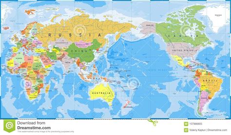 Color Del Mapa Del Mundo Detallado Asia En El Centro Stock De