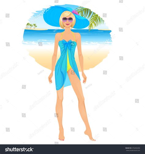 Beautiful Blonde Woman Bikini Pareo Vector เวกเตอร์สต็อก ปลอดค่า
