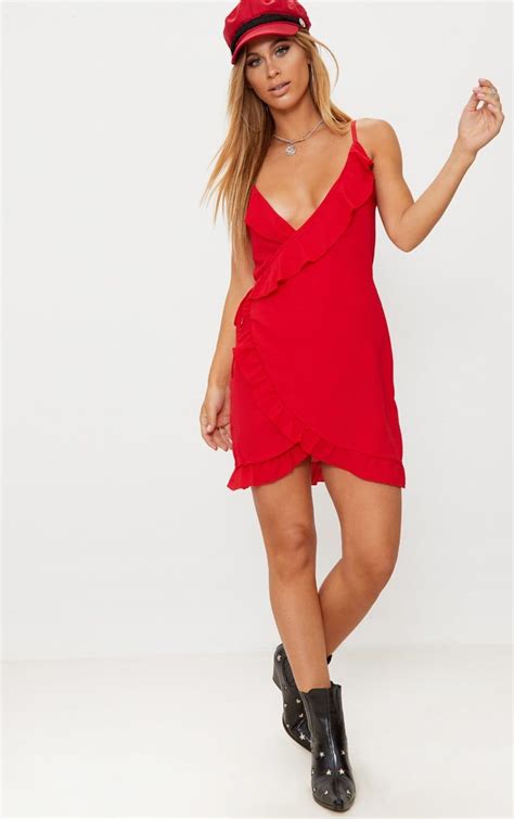 red frill detail strappy wrap dress wrap dress frilly dresses dresses