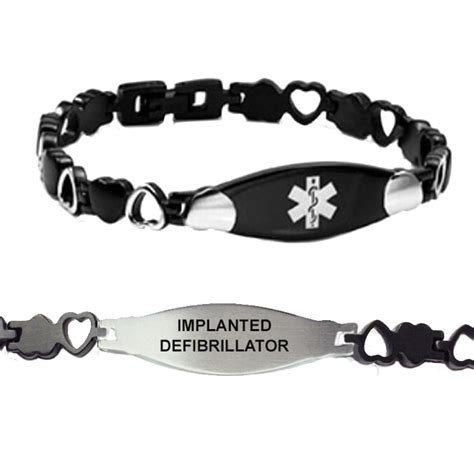 Implanted Defibrillator Black Heart Medical Alert Id Bracelet For Women