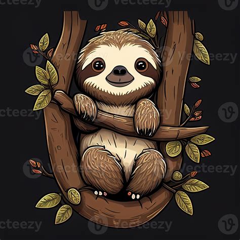 Cute Cartoon Sloth Character Struck In Tree Branches In Black