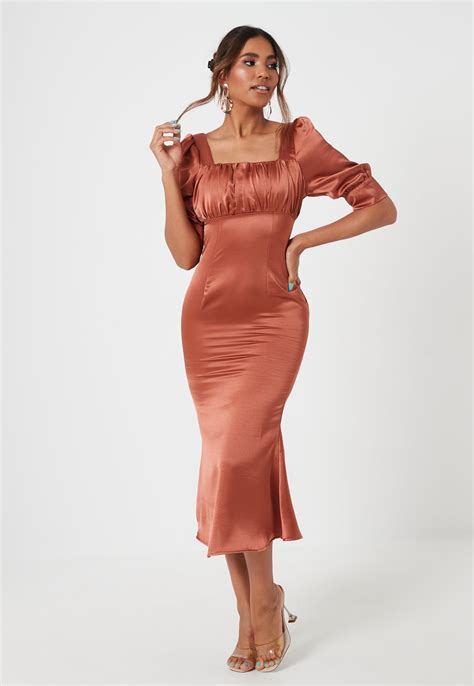Rust Satin Ruched Bust Midi Dress Sponsored Ruched Aff Satin