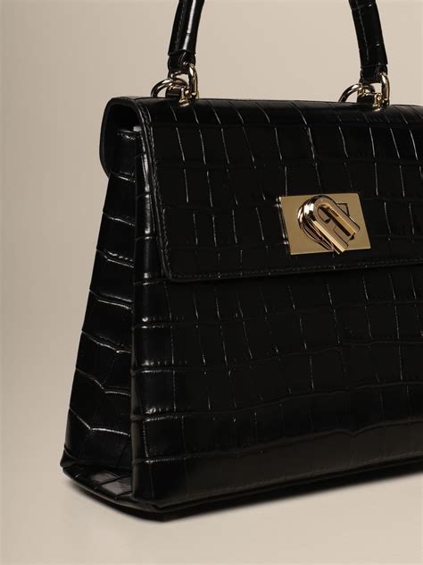 Furla 1927 Bag In Crocodile Print Leather Black Handbag Furla