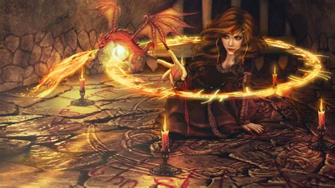Women Sorceress Witch Digital Art Fantasy Art Dragon Fire Magic