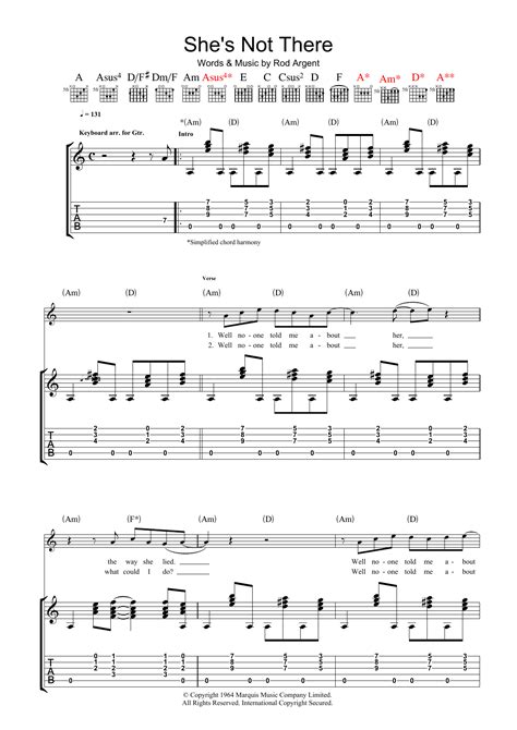 The Zombies Shes Not There Sheet Music Chords And Lyrics Download