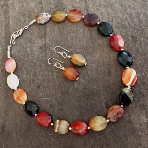 Chunky Agate Gemstone Necklace And Earrings In Autumn Colours With