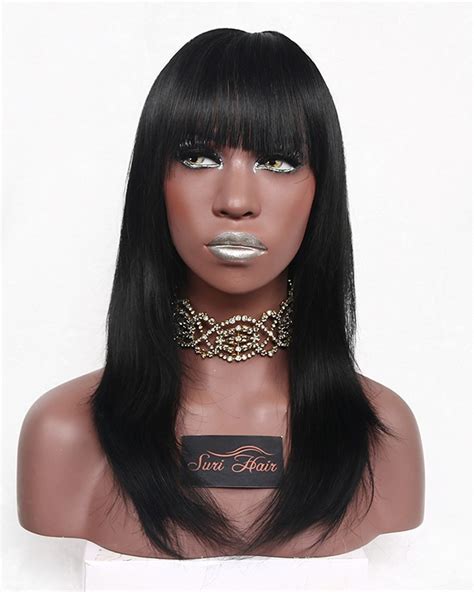 22 Female Long Straight Synthetic Wig With Bangs African American Heat Resistant Blackbrown