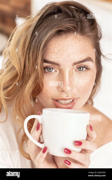 Beauty Portrait Od Delicate Caucasian Lady With White Coffee Cup Beautiful Ginger Woman With