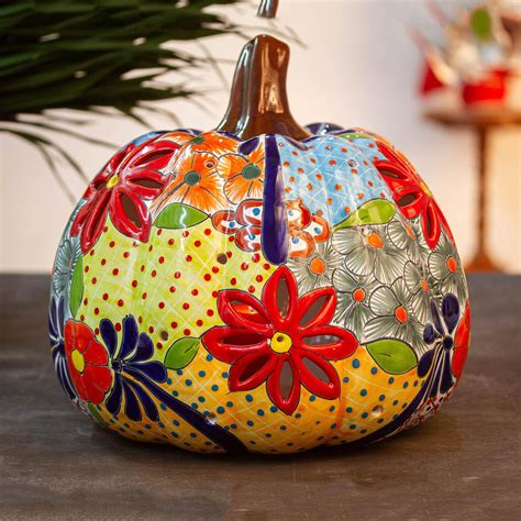 Talavera Style Ceramic Pumpkin Lantern From Mexico Colorful Pumpkin