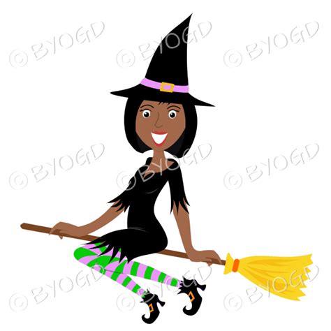 Halloween Witch With Short Black Hair On Broomstick In Black With Pink