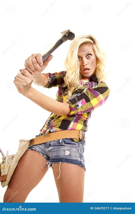 Woman Swinging Hammer Looking Stock Image Image Of Frustration Blond