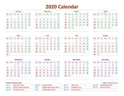 12 Month Printable Calendar 2020 With Holidays