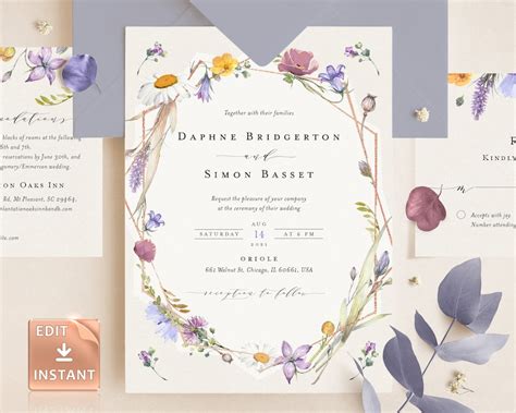 Boho Wildflowers Wedding Invitation Floral Invite Templates Etsy