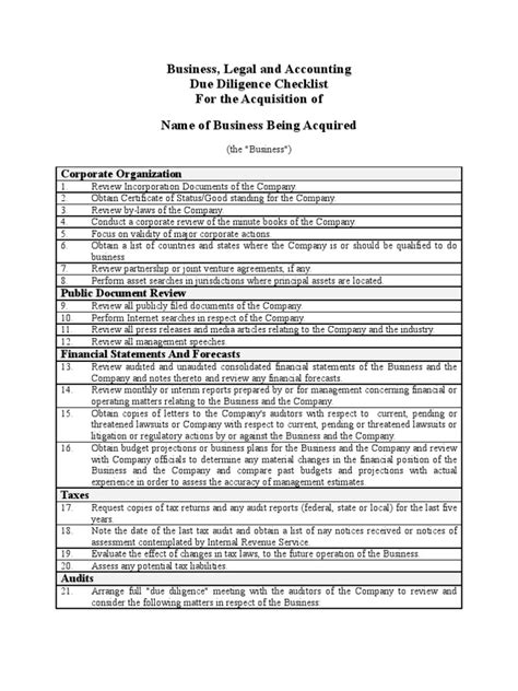 Due Diligence Checklist Audit Financial Statement